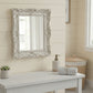 Pretty Shabby Wall Mirror Rectangular Vintage Antique White displayed on wall above wooden bench with bathroom accessories