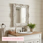 Pretty Shabby Wall Mirror Rectangular Vintage Antique White displayed on wall above sink with bathroom accessories and text overlay