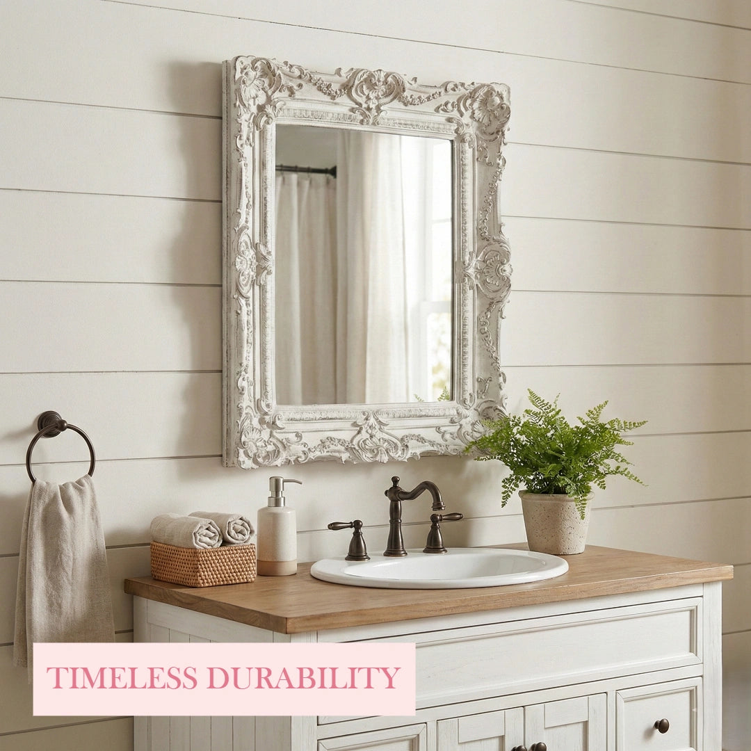 Pretty Shabby Wall Mirror Rectangular Vintage Antique White displayed on wall above sink with bathroom accessories and text overlay