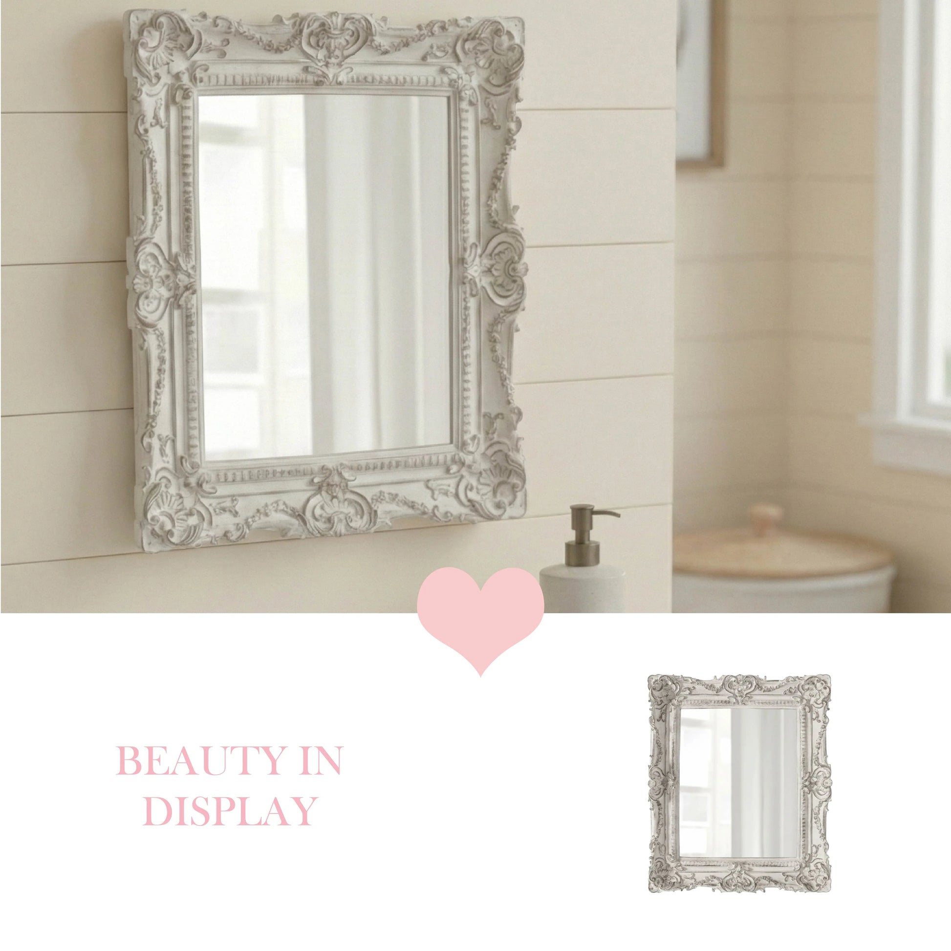 Decorative silver mirror with intricate details in a bathroom setting.