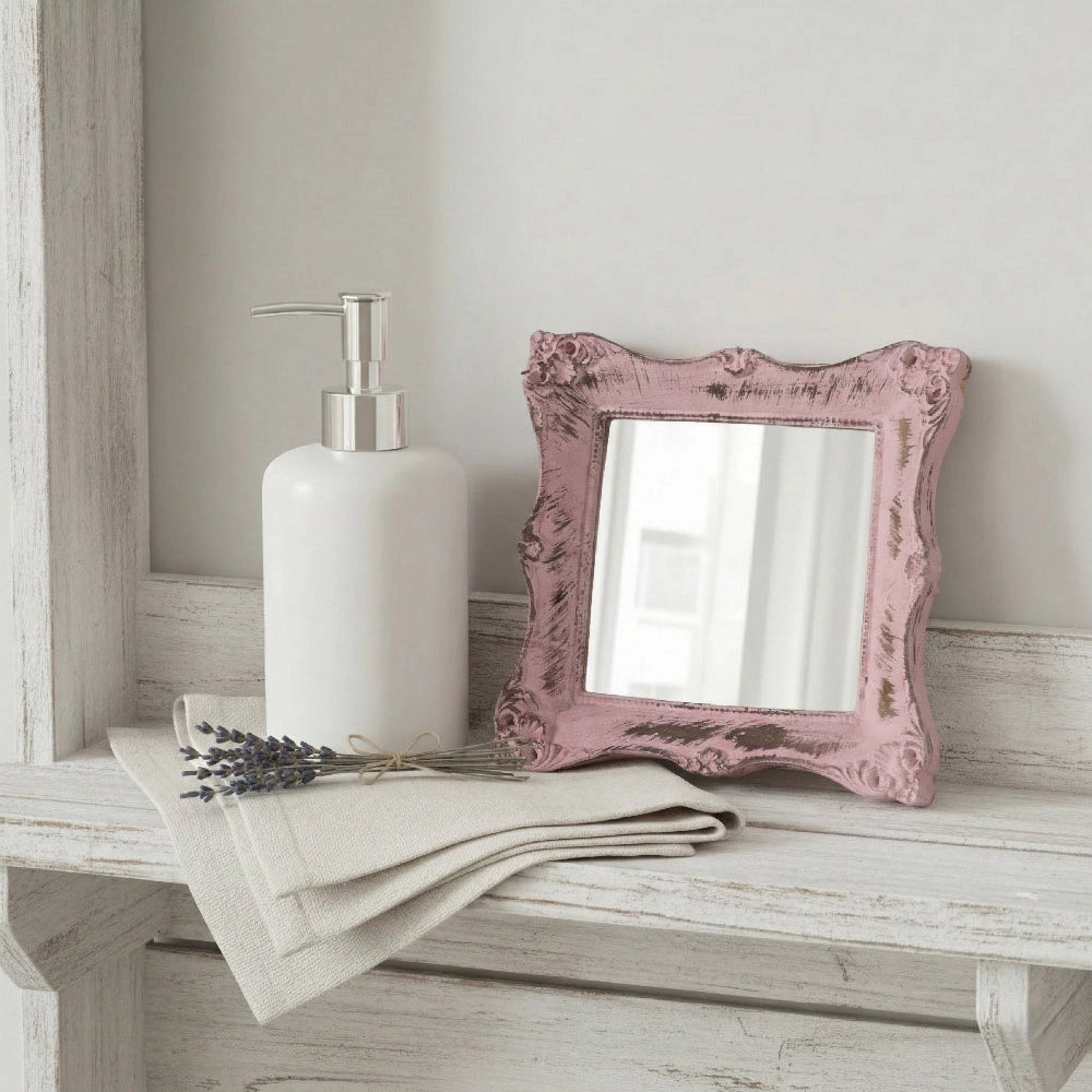 Pretty Shabby Wall Mirror Square Chic displayed with soap dispenser and lavender on wooden bathroom vanity