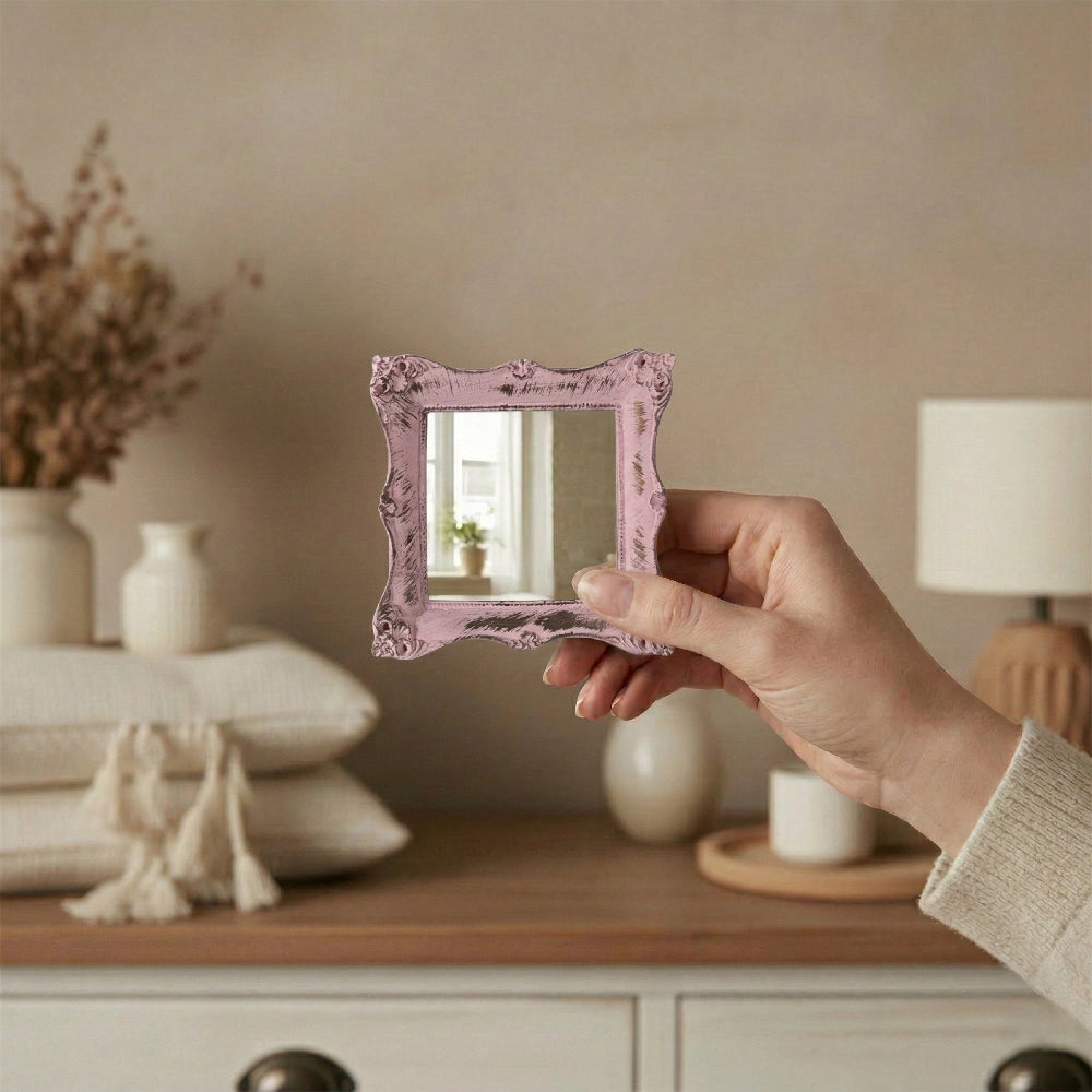 Pretty Shabby Wall Mirror Square Chic held in hand showcasing compact design