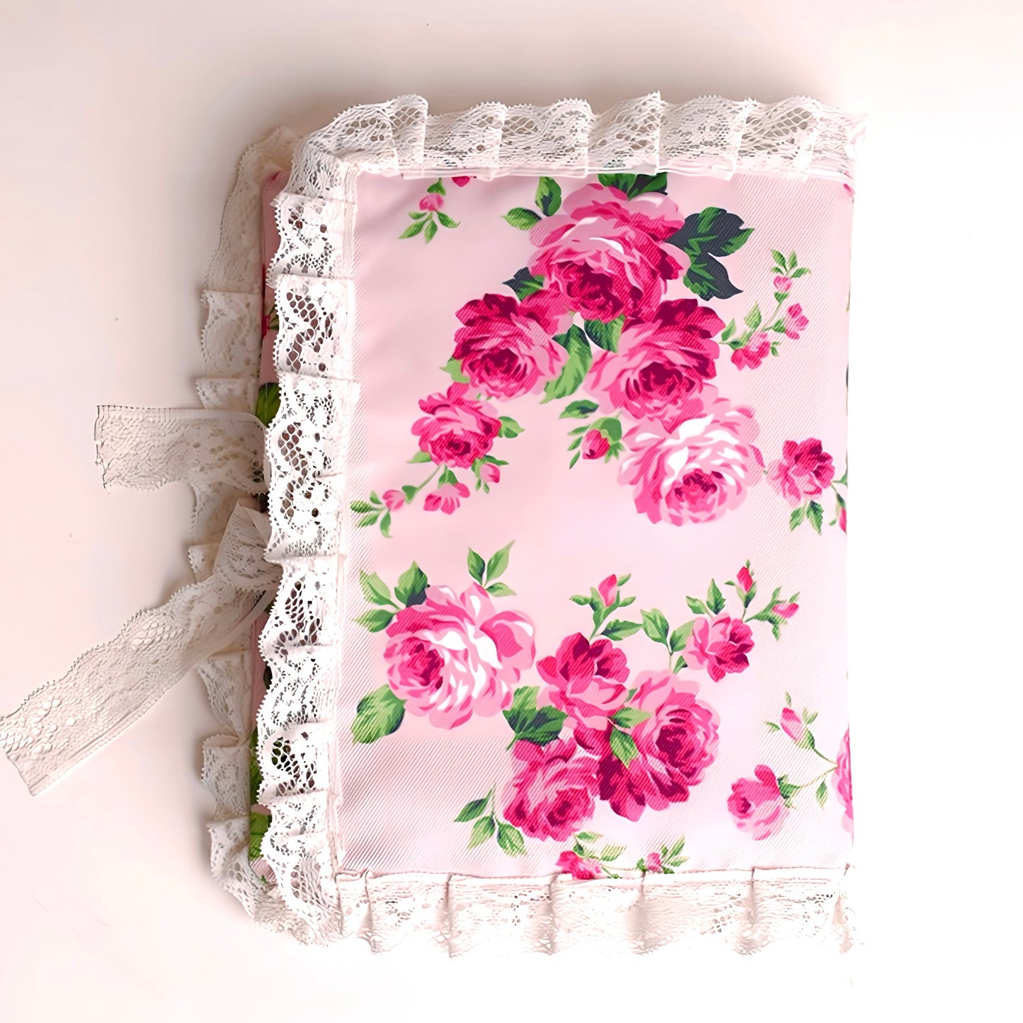 Floral fabric Quran cover with lace and ribbon