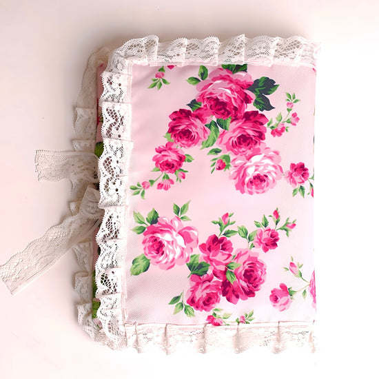 Floral fabric Quran cover with lace and ribbon