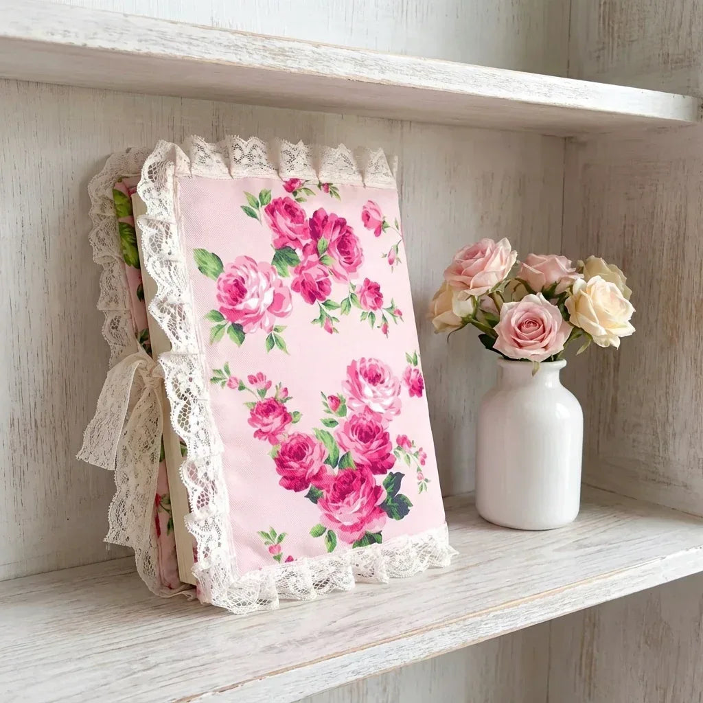 Floral notebook with lace trim on a wooden shelf with a small vase of flowers.
