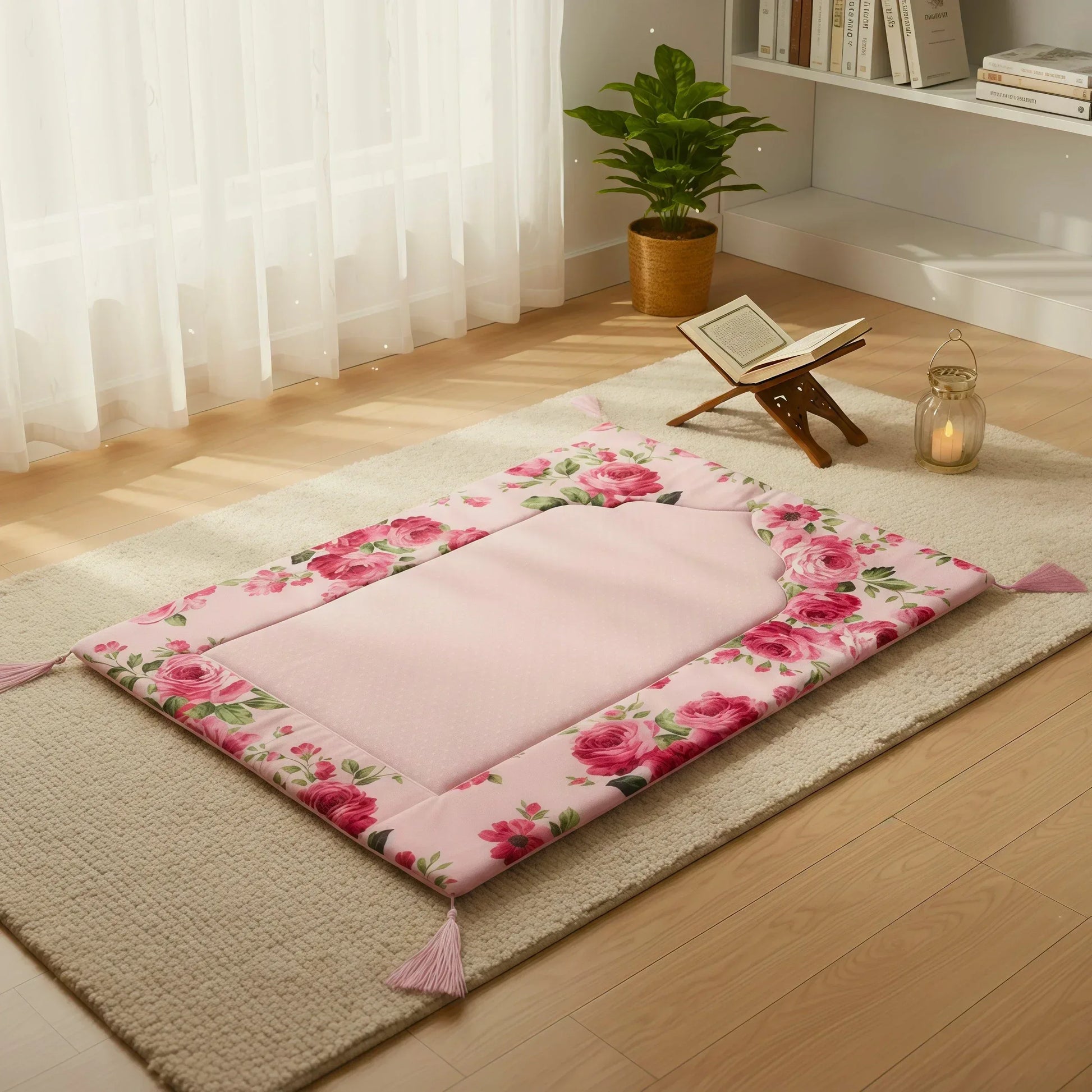 Floral-patterned pink prayer rug on a wooden floor with a plant and books in the background.