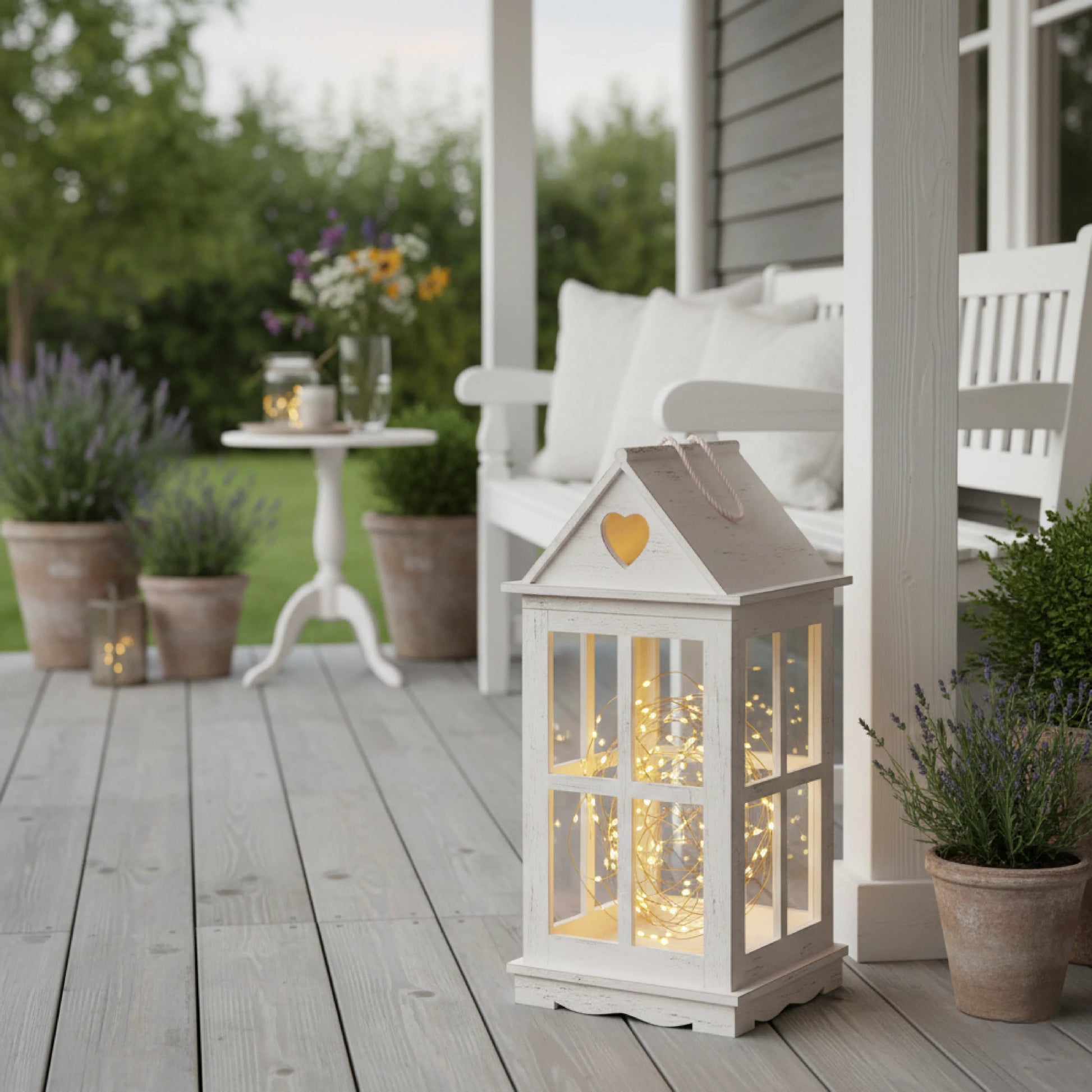 Decorative lantern with fairy lights on a wooden deck with potted plants and a white chair in the background.