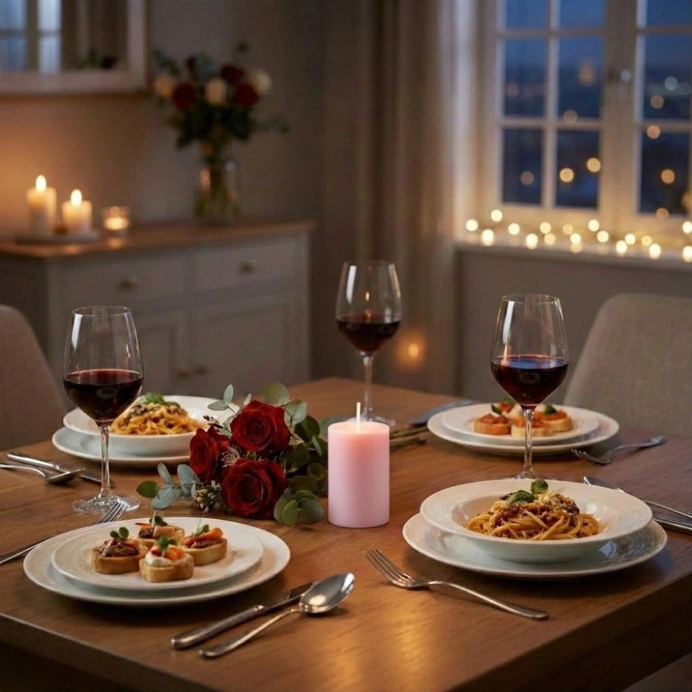 Rose Pillar Candle displayed on a dinner table with roses, wine, and pasta for romantic dining