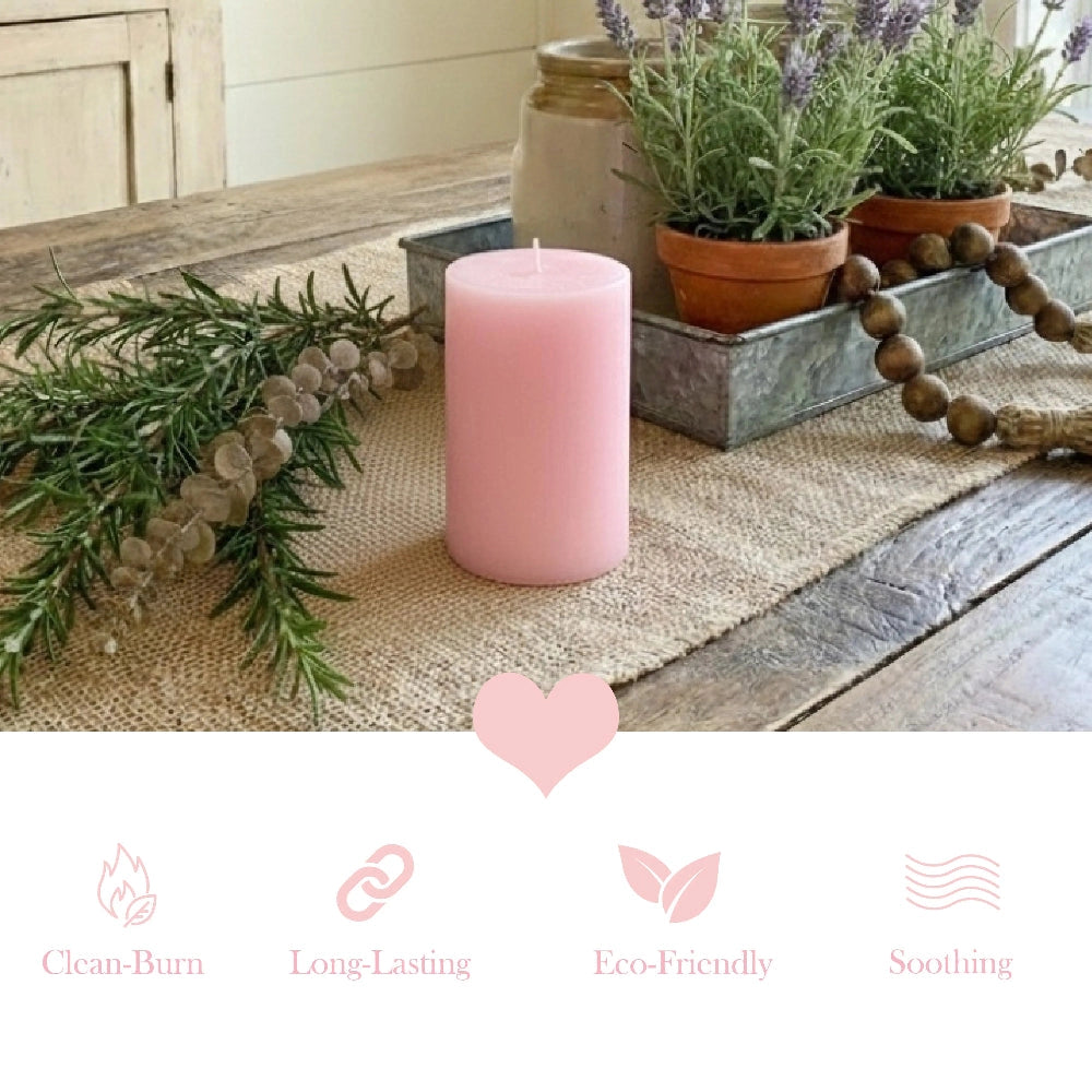 Rose Pillar Candle displayed on a rustic wooden tray with lavender stems