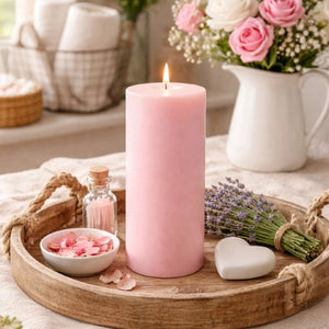 Rose Pillar Candle displayed on wooden tray with lavender décor for home décor styling and gifting