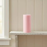 Rose Pink Pillar Candle displayed on white distressed shelf for home decor styling