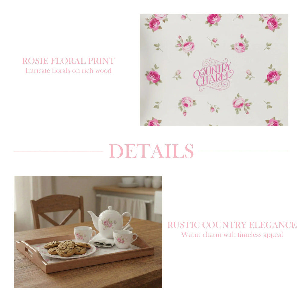 Collage showing a pink rose pattern with "Country Charm" logo and a wooden tray with a tea set and cookies.