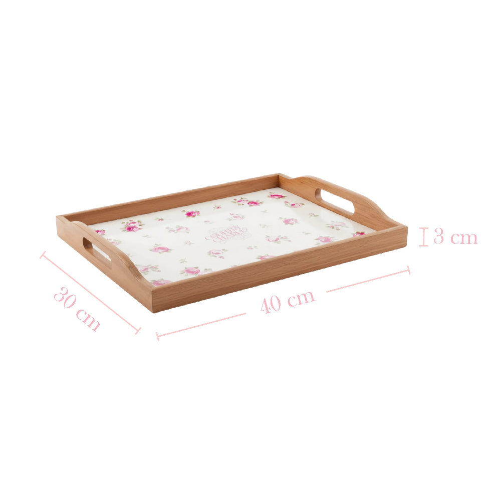 Rosie Rustic Wooden Tray with dimensions displayed on white background showcasing product size details