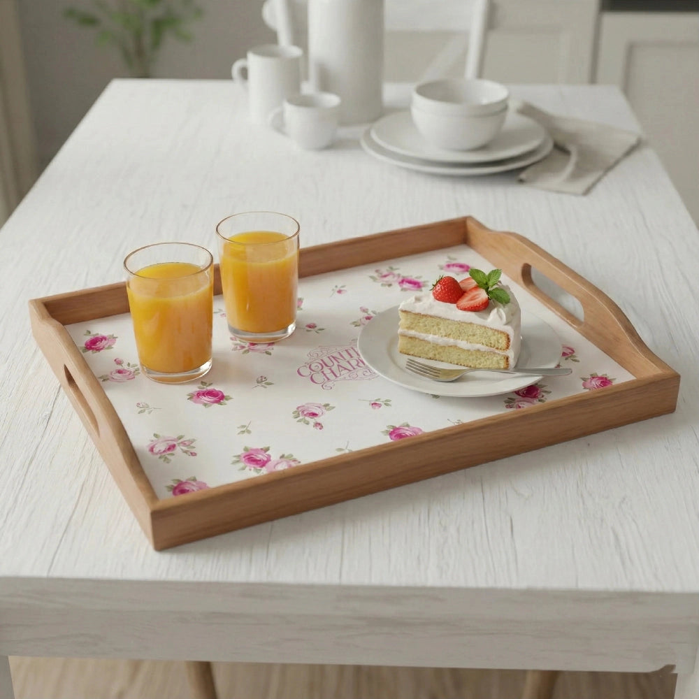 Rosie Rustic Wooden Tray holding with juices and cake serving setup for home dining and presentation