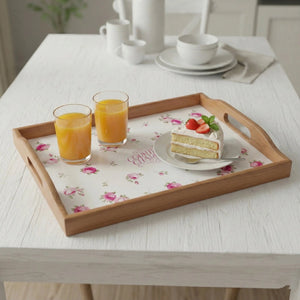 Rosie Rustic Wooden Tray holding with juices and cake serving setup for home dining and presentation