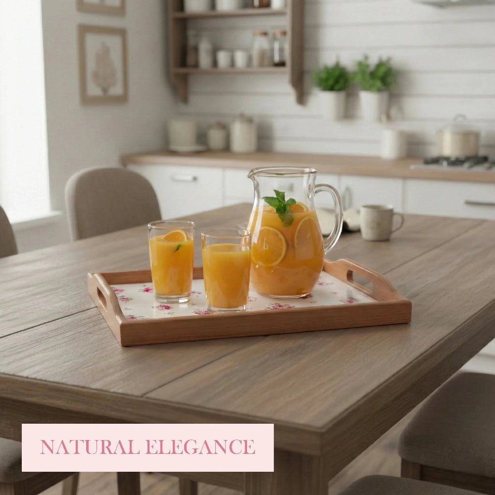 Rosie Rustic Wooden Tray with orange juice pitcher styled for kitchen décor display
