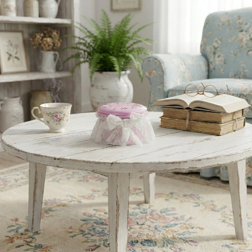 Rosie Tin Jar displayed on round wooden coffee table with decorative items