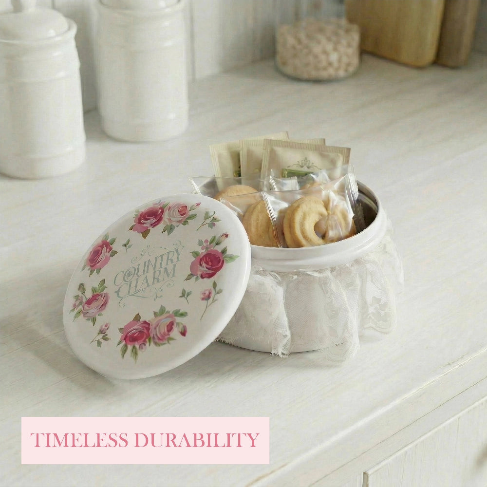 Rosie Tin Jar floral cookie tin with durability details on white background