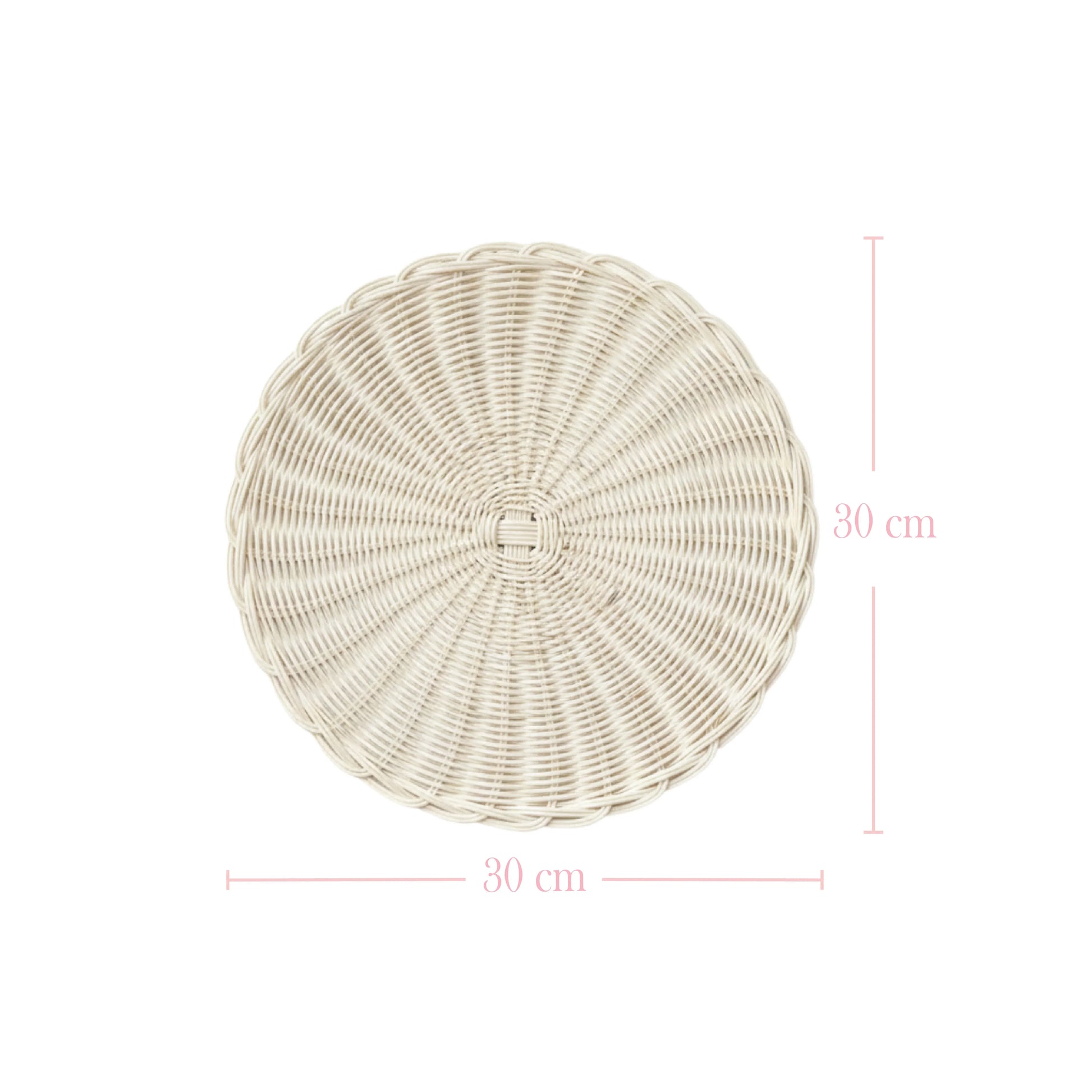 White round woven wicker placemat with pink 30 cm measurement lines and text on a plain white background.