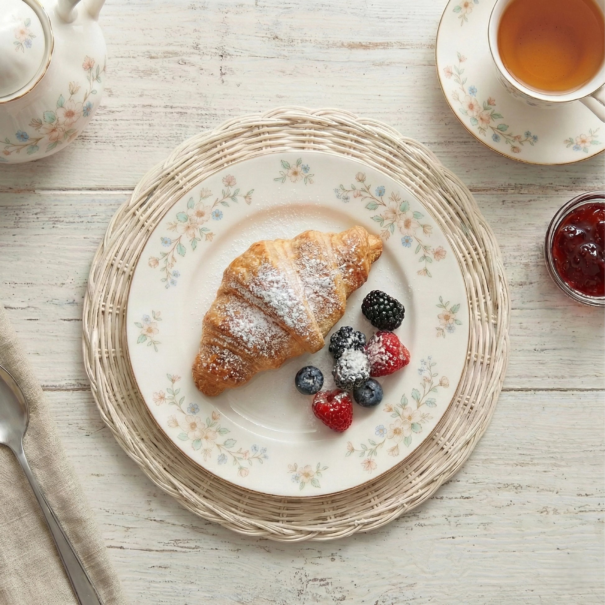 Croissant and berries on a floral plate atop a white wicker placemat, with tea and jam on a distressed wood table.