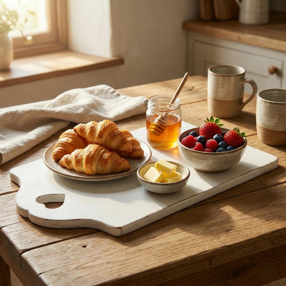 Complete breakfast table setting with round white wicker placemats, floral teapot, cereal bowls, and fresh fruit on a white distressed table.