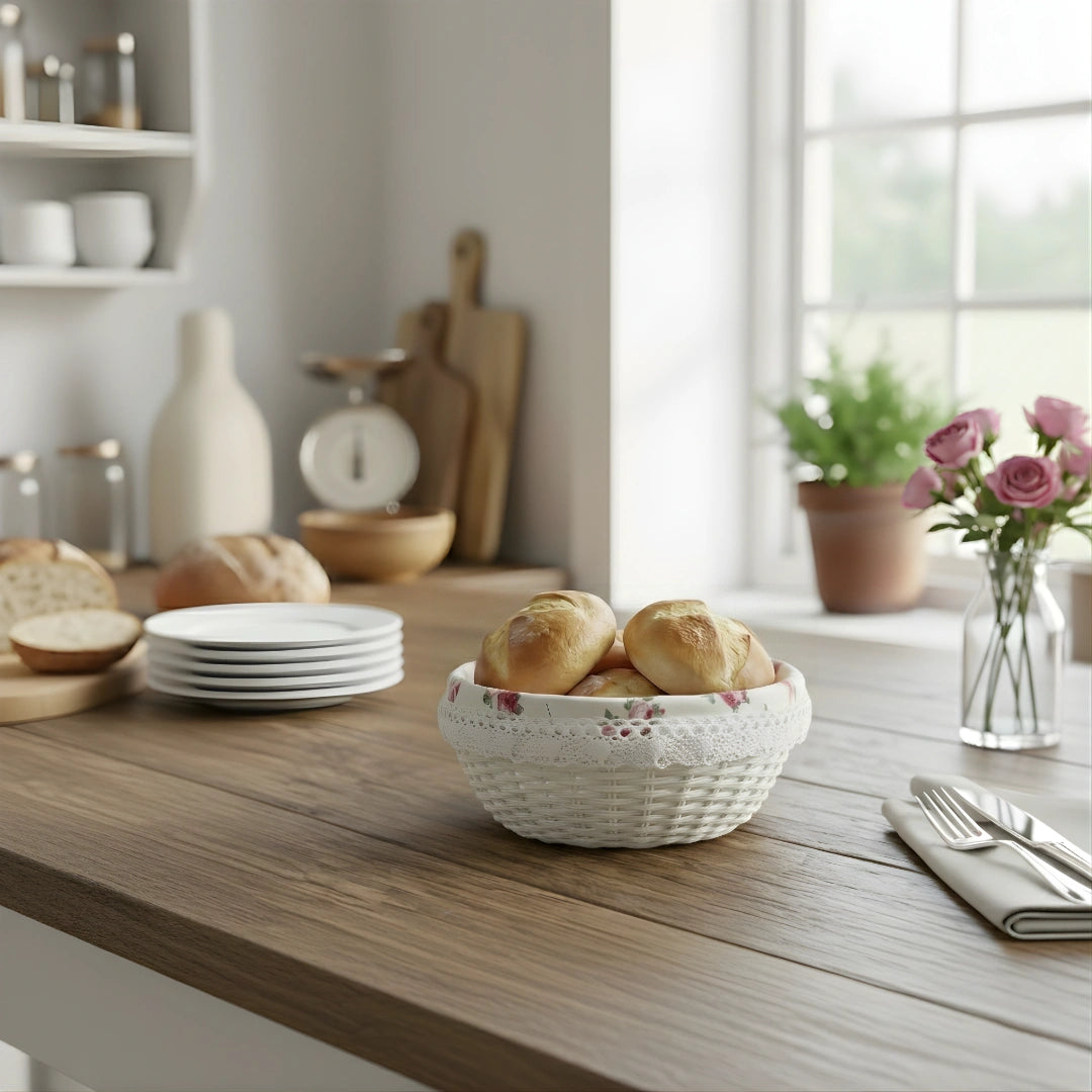 Round Wicker Basket of bread on a wooden table with a kitchen setting in the background