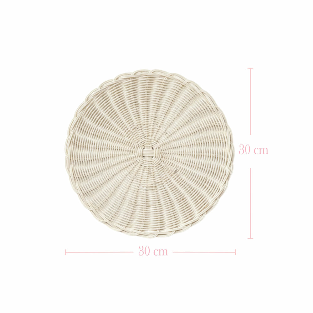 Round Wicker Placemat top view with 30 cm diameter dimensions on white background
