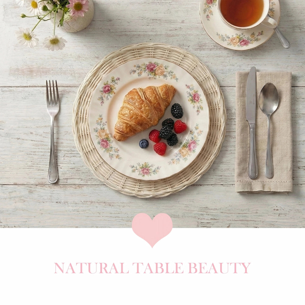 Round Wicker Placemat with breakfast setting featuring croissant, berries, tea, and floral plate with Natural Table Beauty text