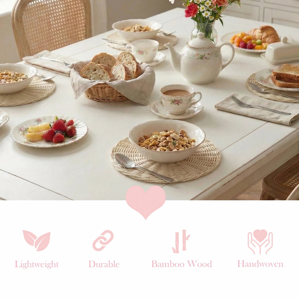 Round Wicker Placemat displayed on a dining table with breakfast setting and decorative table accessories