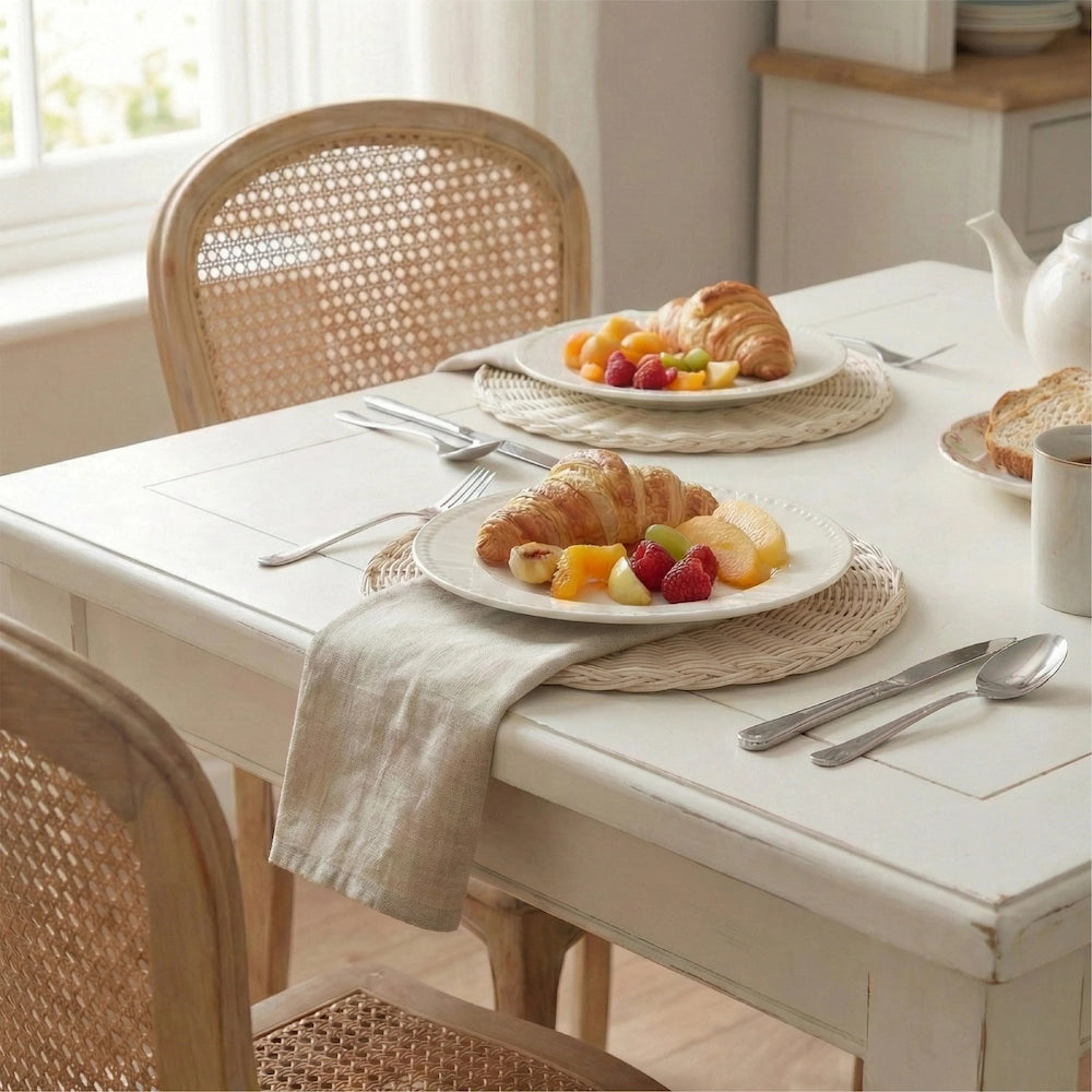 Round Wicker Placemat on a breakfast table with woven chairs, white dinnerware, croissants, fruit, and beige tablecloth