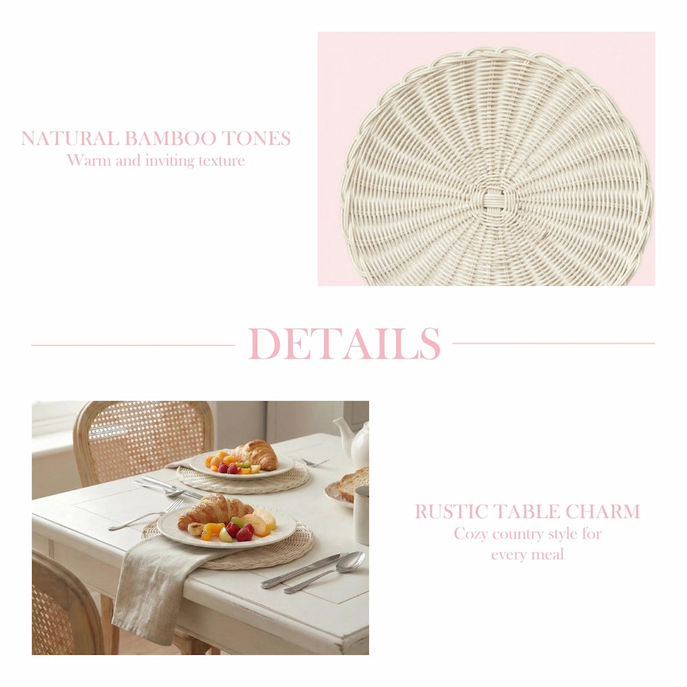 Round Wicker Placemat on a dining table with woven chair and pink background