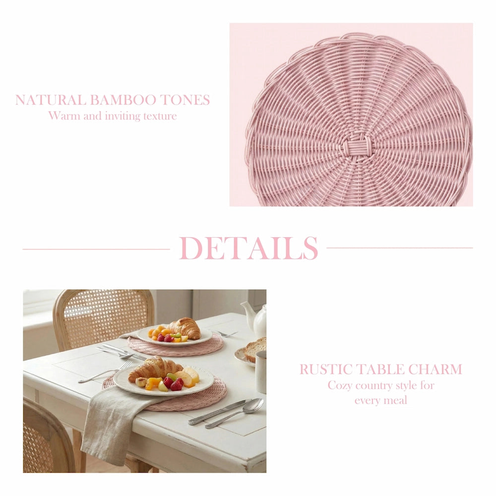 Round Wicker Placemat in pink with woven bamboo design shown on a table setting