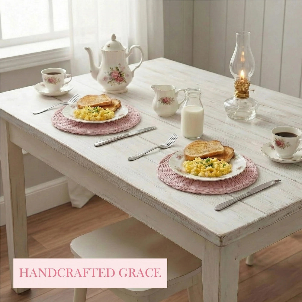 Round Wicker Placemat in a vintage breakfast table setting with Handcrafted Grace branding