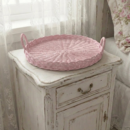 Round Wicker Tray placed on bedside night table for home decor storage and styling