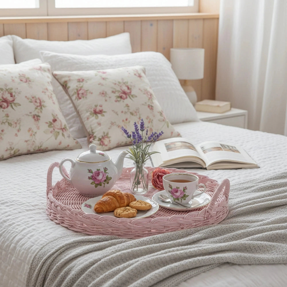Round Wicker Tray styled with breakfast tea, cookies, croissants, and floral pillows for home décor styling