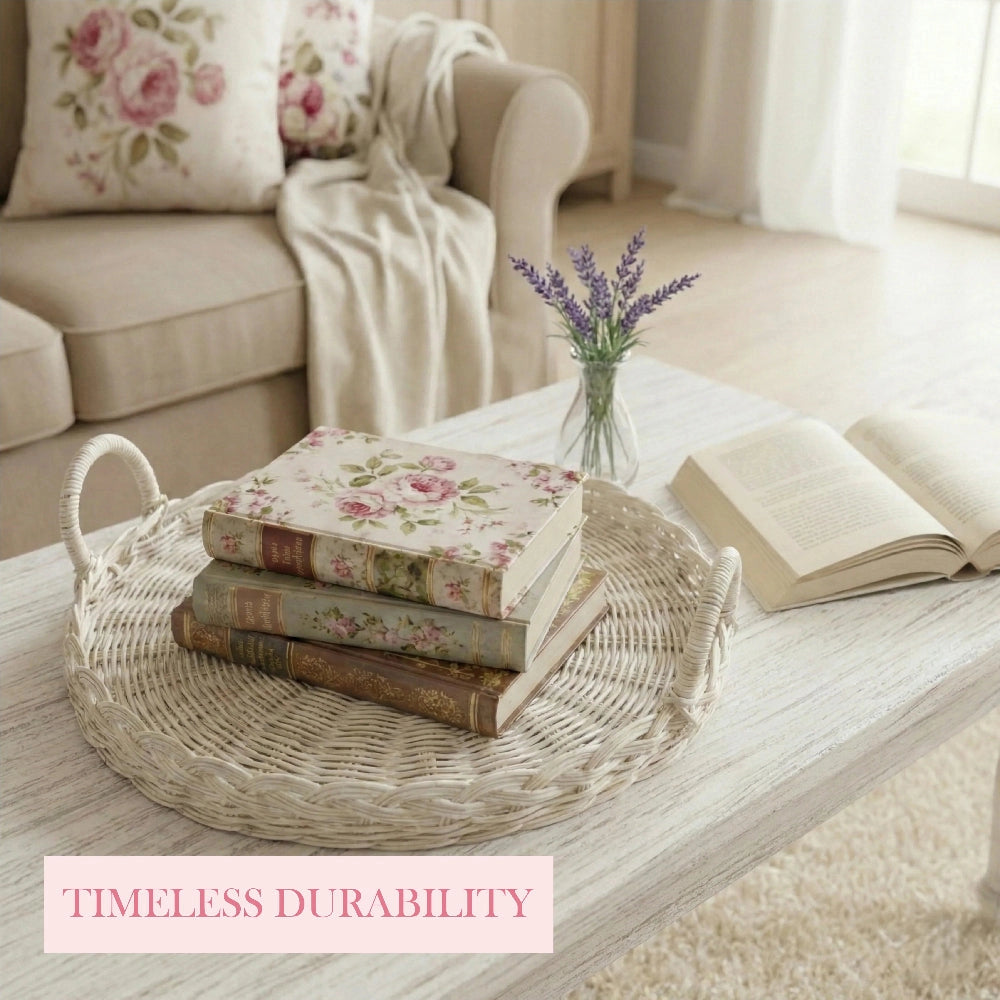 Round Wicker Tray with decorative books and floral covers styled for living room home décor display