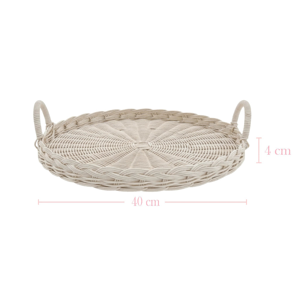 Round Wicker Tray with handles and dimensions displayed on white background for home décor styling
