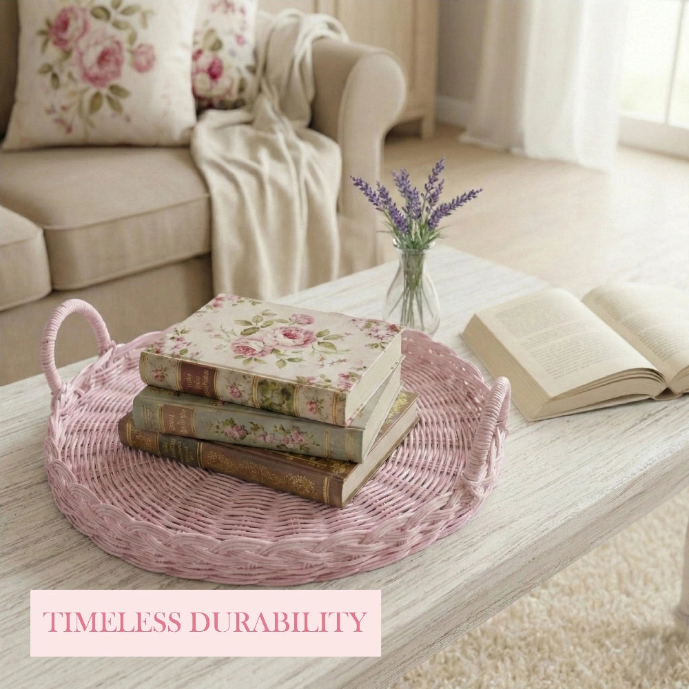 Round Wicker Tray pink woven design styled with floral books on coffee table in living room setting