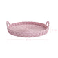 Round Wicker Tray pink woven design with handles and dimensions shown on white background for home décor