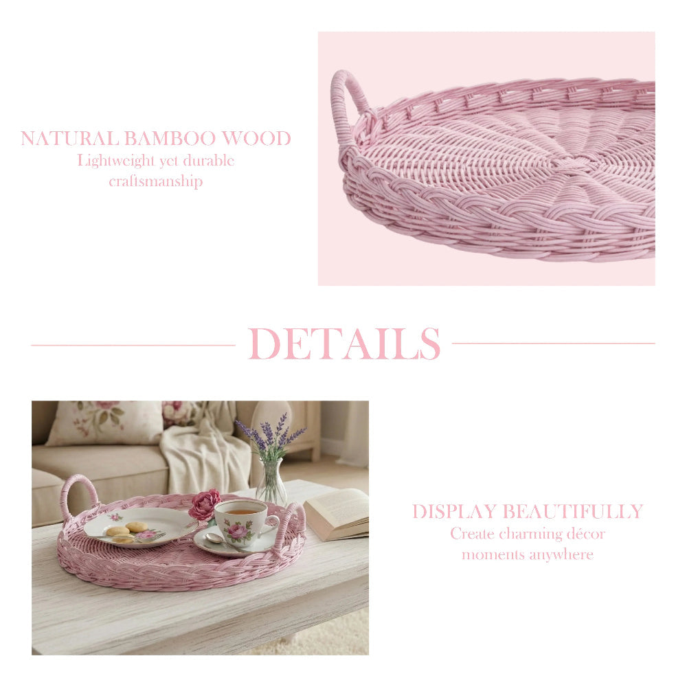 Round Wicker Tray pink woven tray with tea set display sofa infographic style home décor presentation