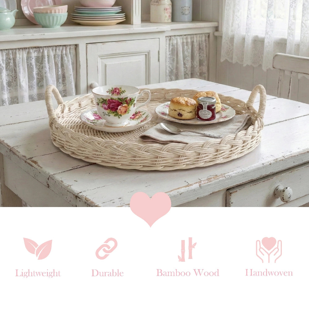 Round Wicker Tray with tea set and pastries displayed on bamboo wood table for home décor serving use