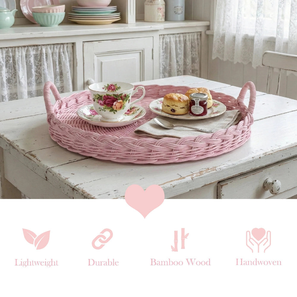 Round Wicker Tray with tea set and pastries on wooden table for Country Charm home décor collection
