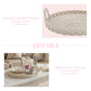 Round Wicker Tray woven design with cup and saucer décor on light pink background
