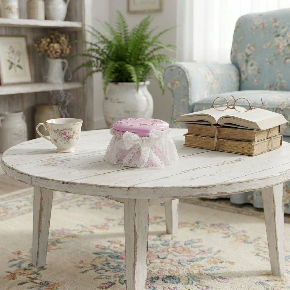 Round wooden coffee table with decorative items in a cozy living room.