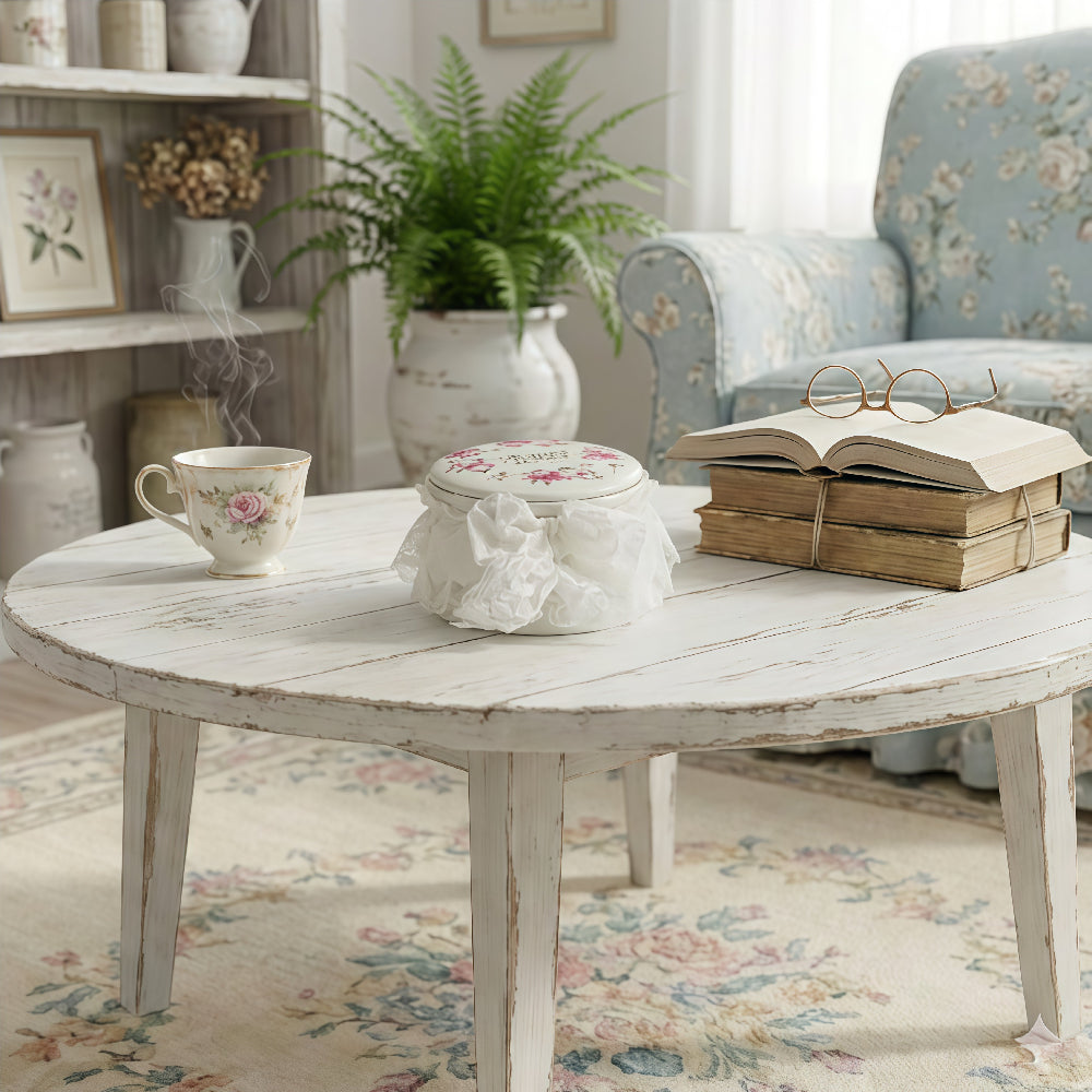 Round wooden table with a teacup, books, and a small ottoman in a cozy living room.