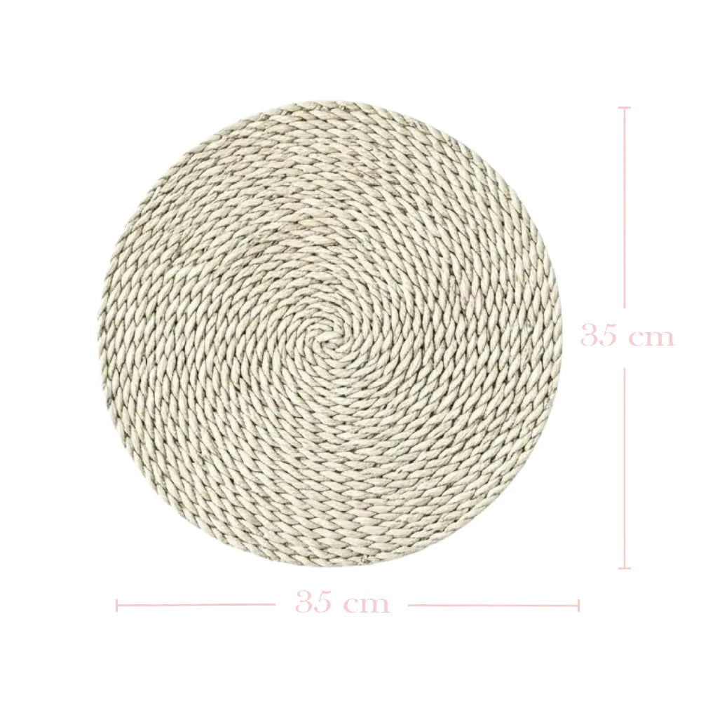 Round woven mat with dimensions on a white background