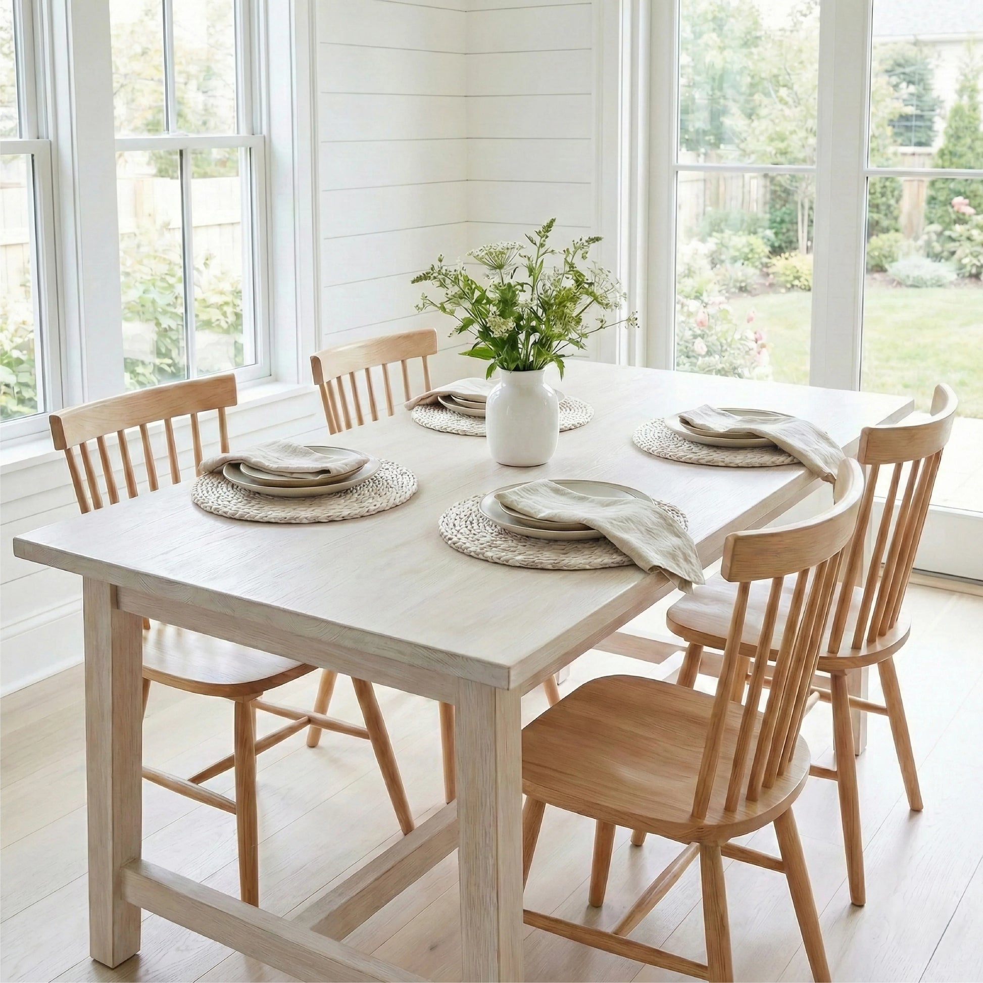 Light wood dining table with four spindle chairs, woven placemats, white dishes, and a green plant in a white vase.