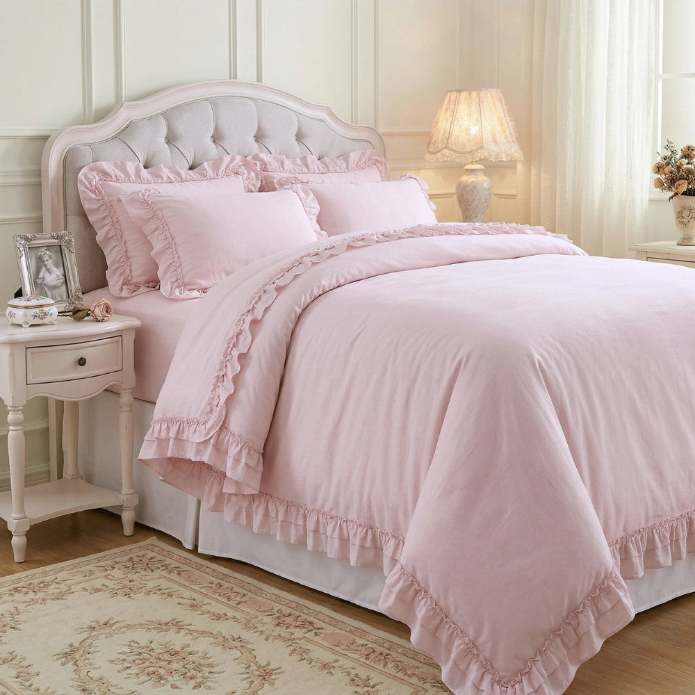 Ruffled Bedding Set in pale pink with ruffled duvet cover and pillow shams styled in a cottage bedroom