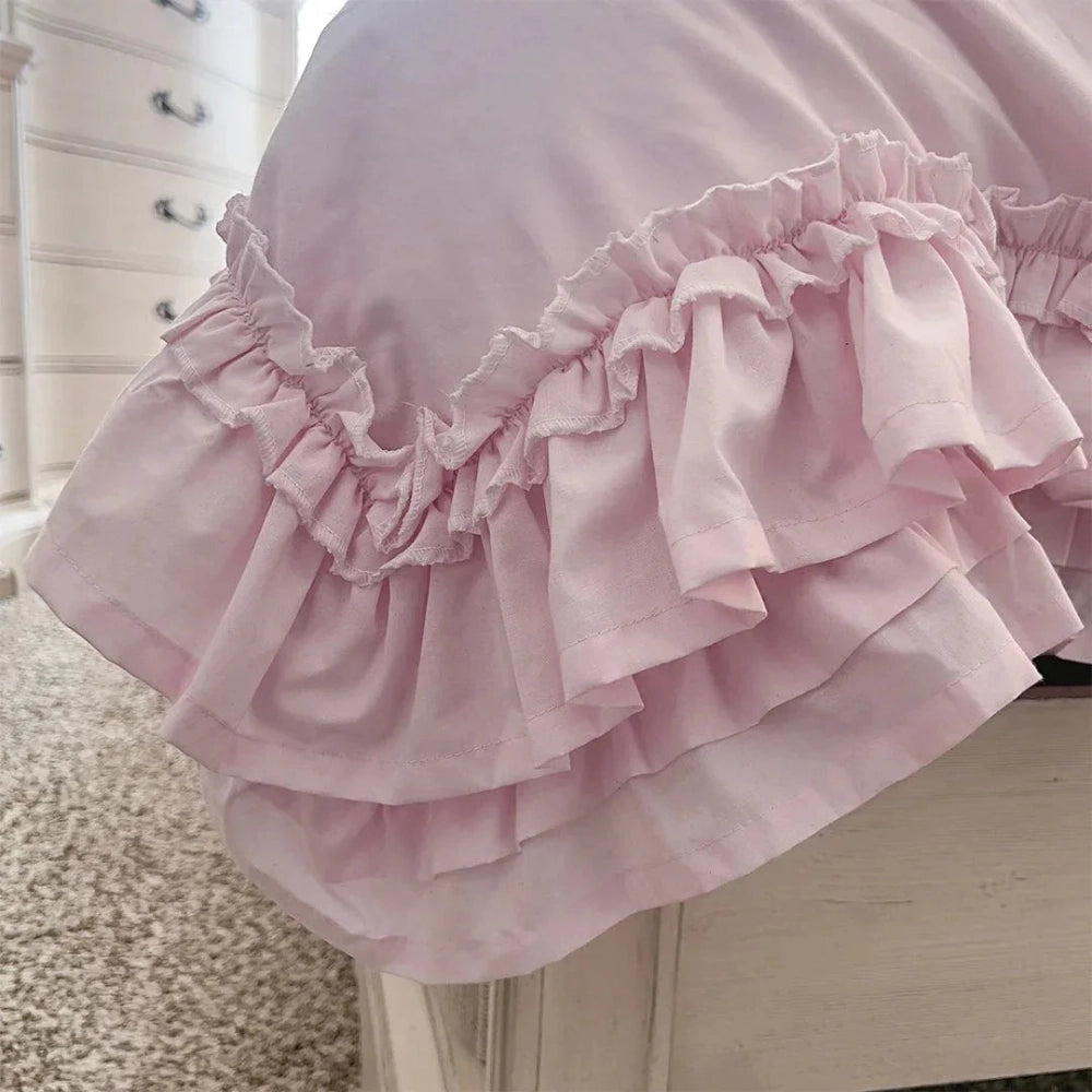 Ruffled Bedding Set pale pink duvet cover corner detail highlighting ruffled trim and fabric texture