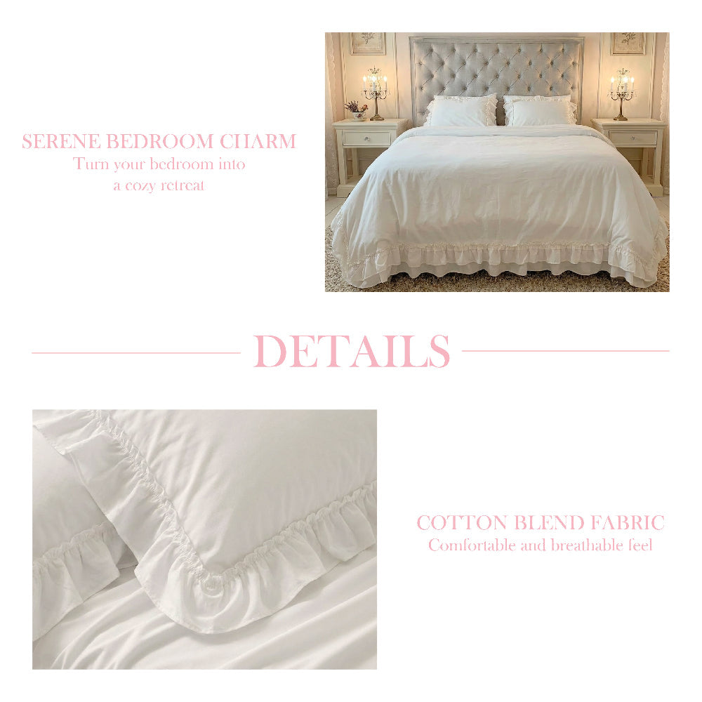 Ruffled Bedding Set duvet cover detail in white cotton blend with ruffled edging